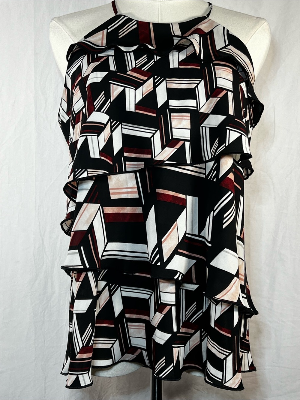White House Black Market Black, White & Burgundy Geometric Tiered Skirt